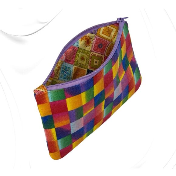 Handmade Soft Flannel Cotton Lined Small Zipper Pouch Bright Multicolor - Picture 2 of 6